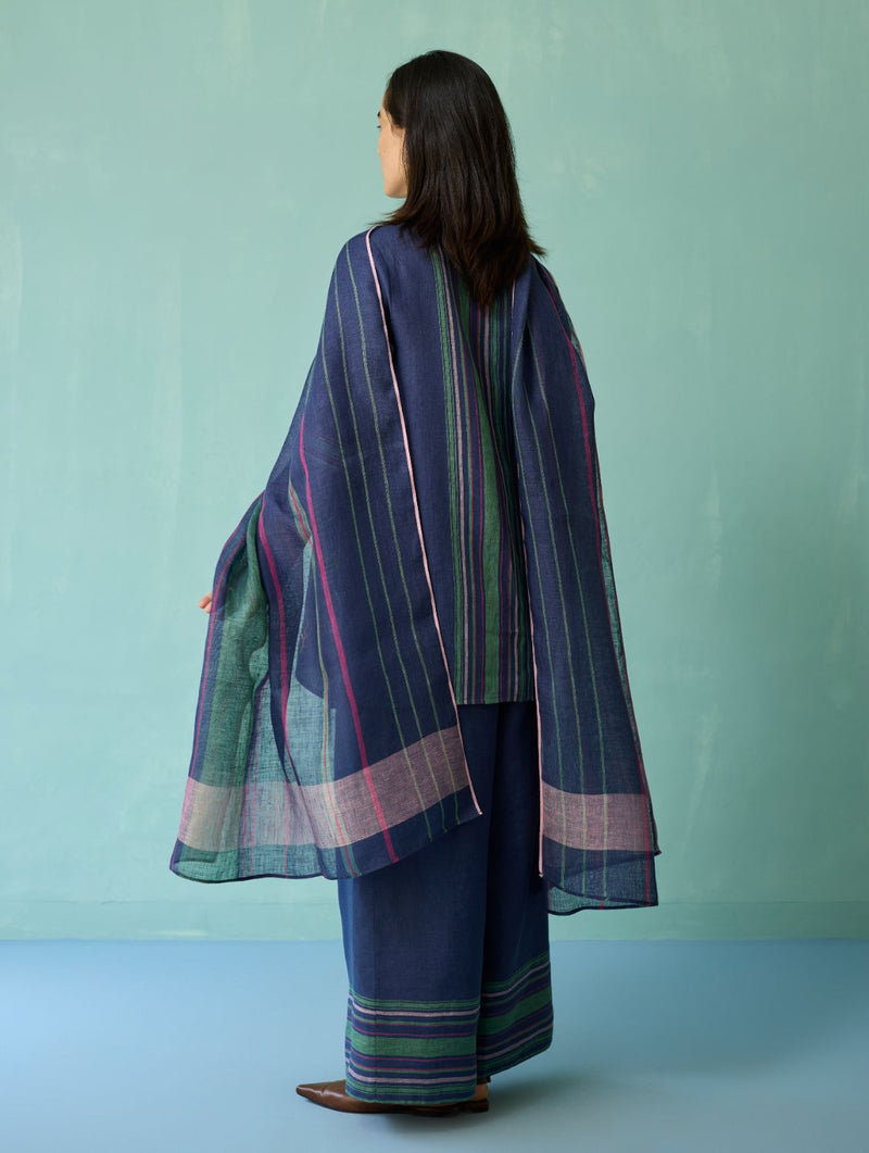 Rava Border Linen Stripe Dupatta - Indigo linen dupatta by Manan in navy for women in Singapore