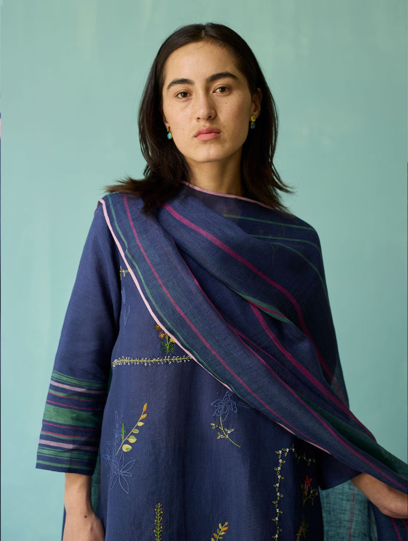 Rava Border Linen Stripe Dupatta - Indigo linen dupatta by Manan in navy for women in Singapore