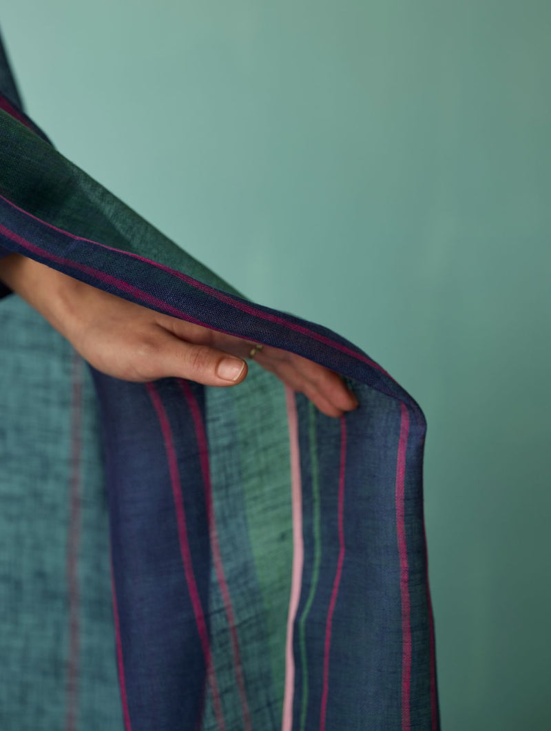 Rava Border Linen Stripe Dupatta - Indigo linen dupatta by Manan in navy for women in Singapore