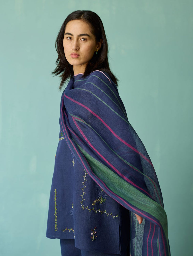 Rava Border Linen Stripe Dupatta - Indigo linen dupatta by Manan in navy for women in Singapore