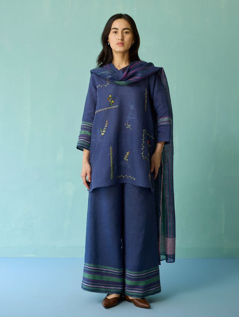 Rava Border Linen Stripe Dupatta - Indigo linen dupatta by Manan in navy for women in Singapore