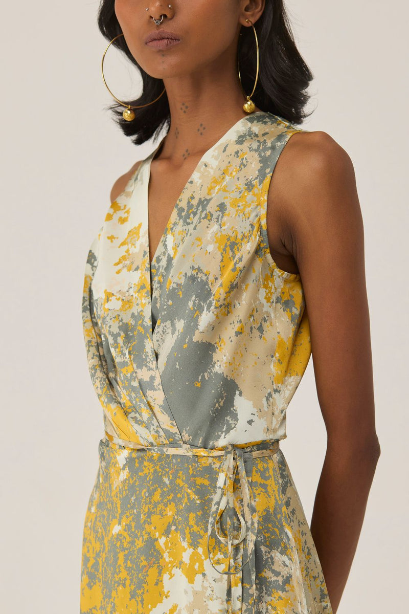 Gold Autumn Sleeveless Wrap Dress by World of SiSa for women in Singapore