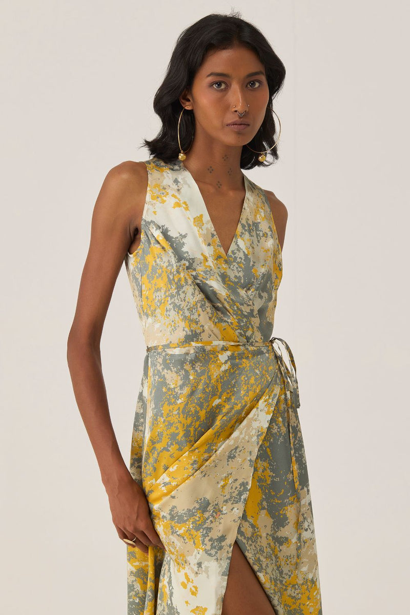 Gold Autumn Sleeveless Wrap Dress by World of SiSa for women in Singapore