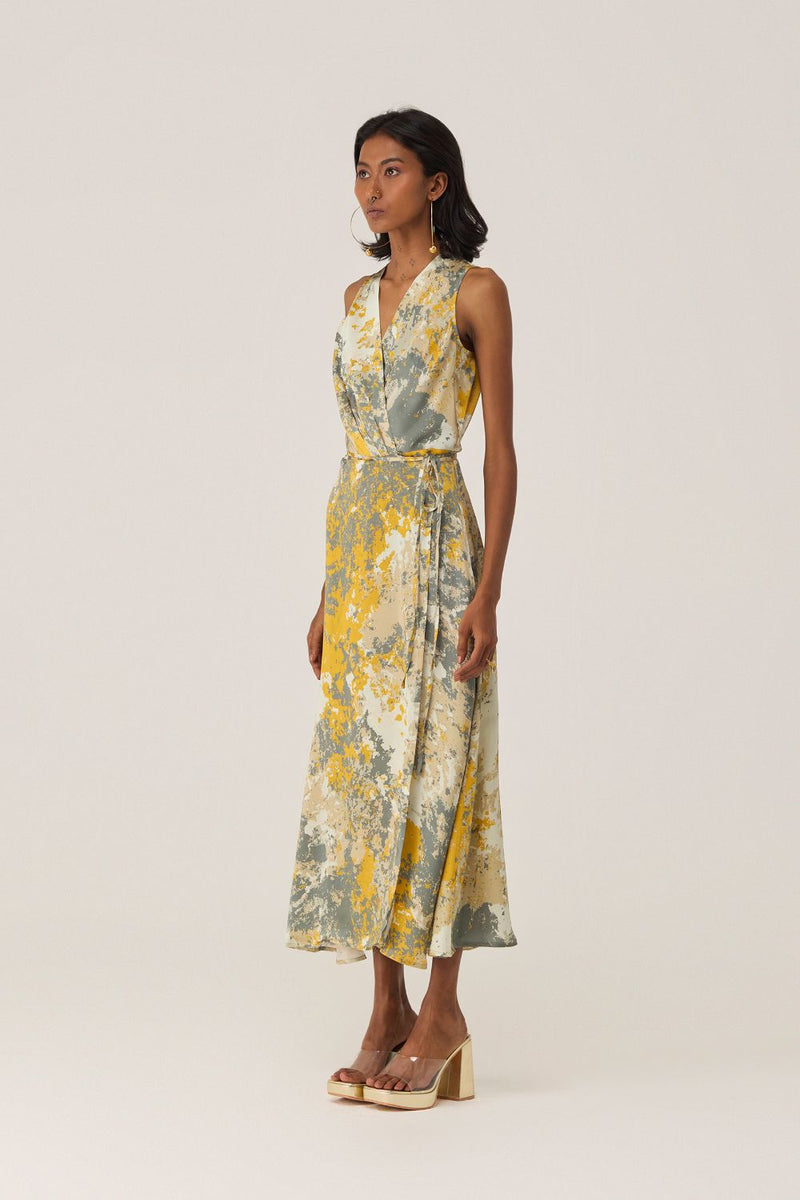 Gold Autumn Sleeveless Wrap Dress by World of SiSa for women in Singapore