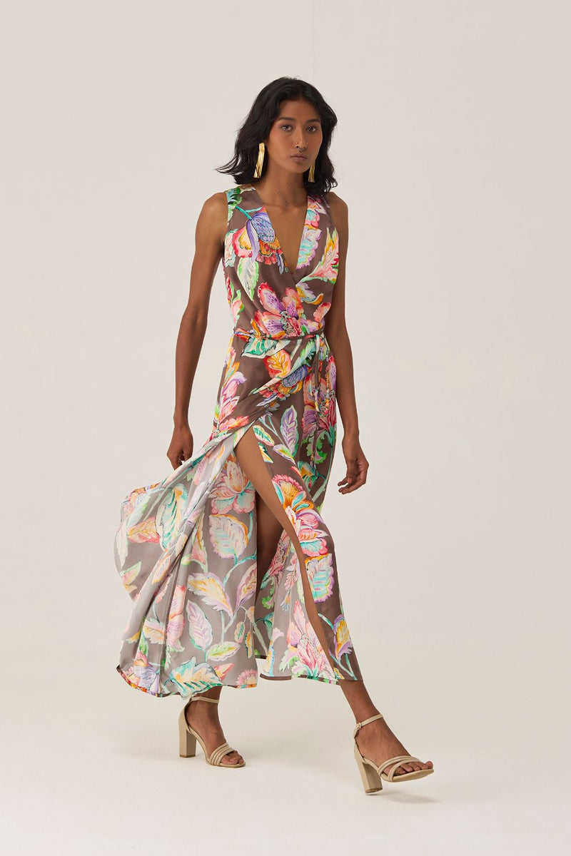 Cocoa Chintz Sleeveless Wrap Dress by World of SiSa for women in Singapore