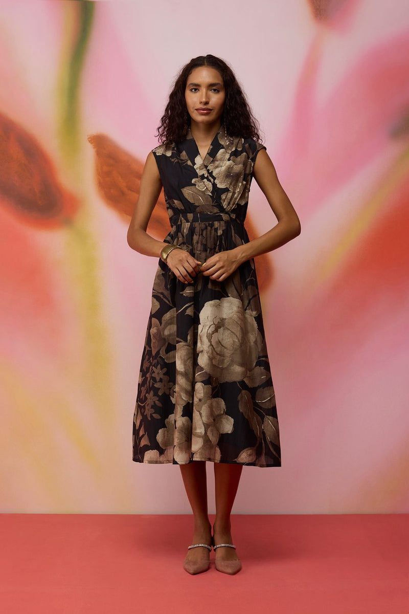 Sepia Blossom Midi Wrap Dress silk by World of SiSa for women in Singapore