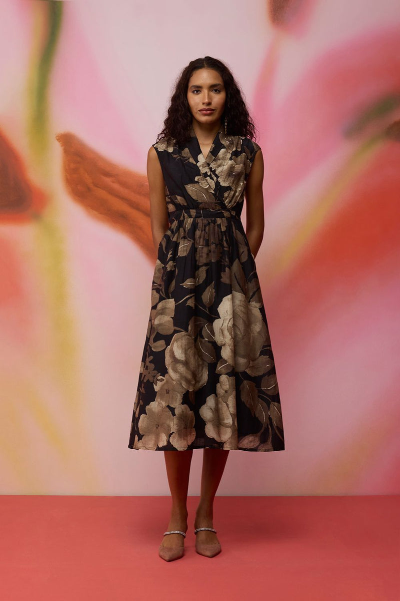 Sepia Blossom Midi Wrap Dress silk by World of SiSa for women in Singapore