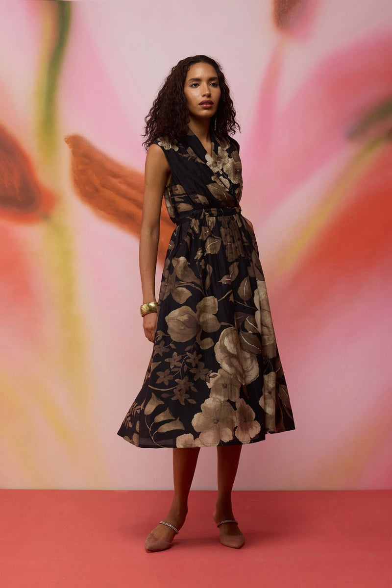 Sepia Blossom Midi Wrap Dress silk by World of SiSa for women in Singapore