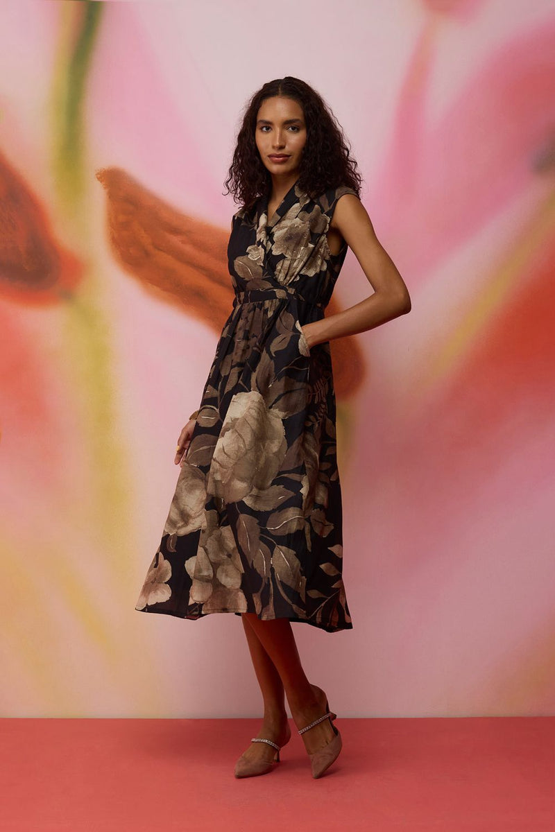 Sepia Blossom Midi Wrap Dress silk by World of SiSa for women in Singapore