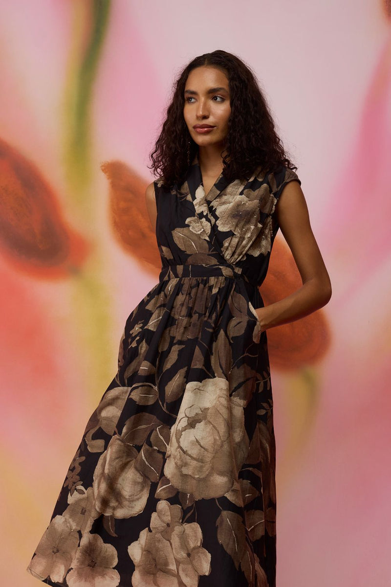 Sepia Blossom Midi Wrap Dress silk by World of SiSa for women in Singapore