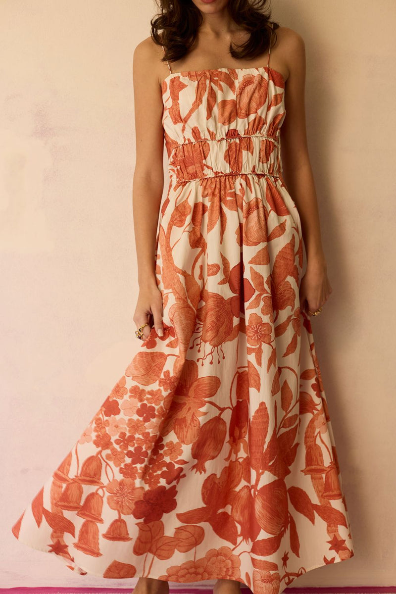 Hibiscus Anaar Smocked Bodice Maxi Dress - Coral cotton by World of SiSa for women in Singapore