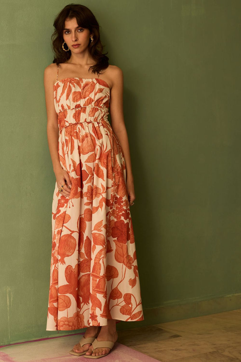 Hibiscus Anaar Smocked Bodice Maxi Dress - Coral cotton by World of SiSa for women in Singapore