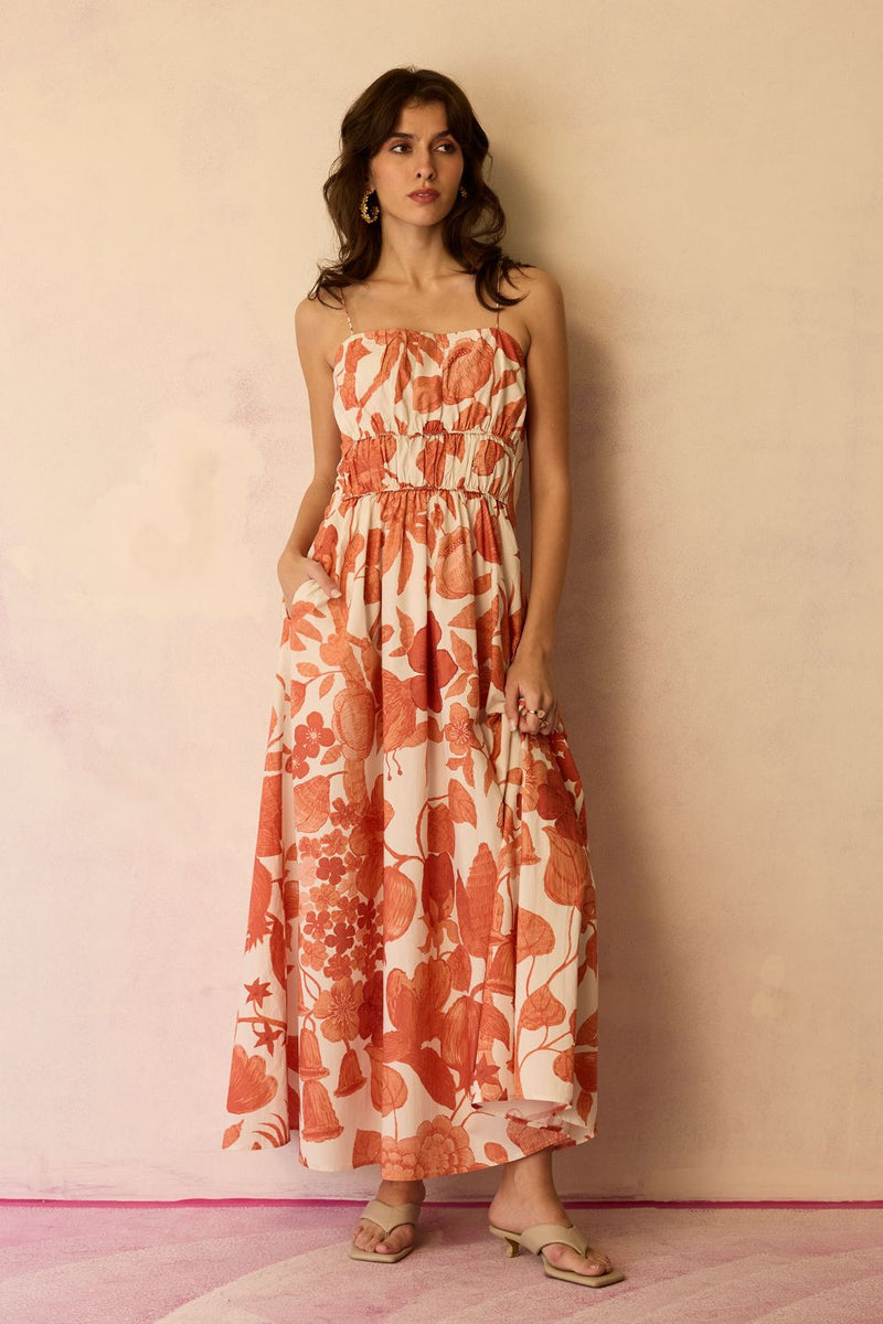 Hibiscus Anaar Smocked Bodice Maxi Dress - Coral cotton by World of SiSa for women in Singapore