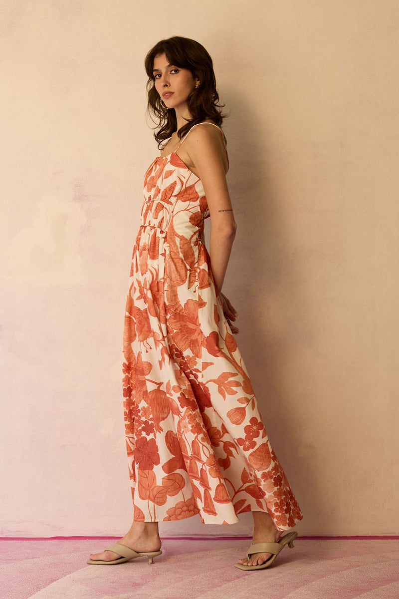 Hibiscus Anaar Smocked Bodice Maxi Dress - Coral cotton by World of SiSa for women in Singapore