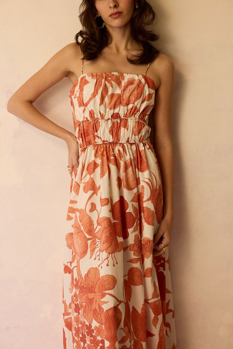 Hibiscus Anaar Smocked Bodice Maxi Dress - Coral cotton by World of SiSa for women in Singapore