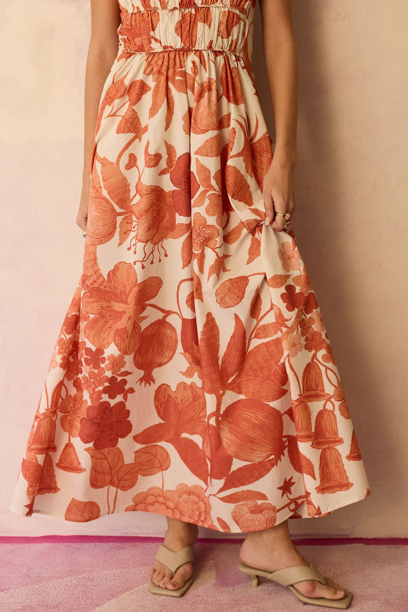 Hibiscus Anaar Smocked Bodice Maxi Dress - Coral cotton by World of SiSa for women in Singapore