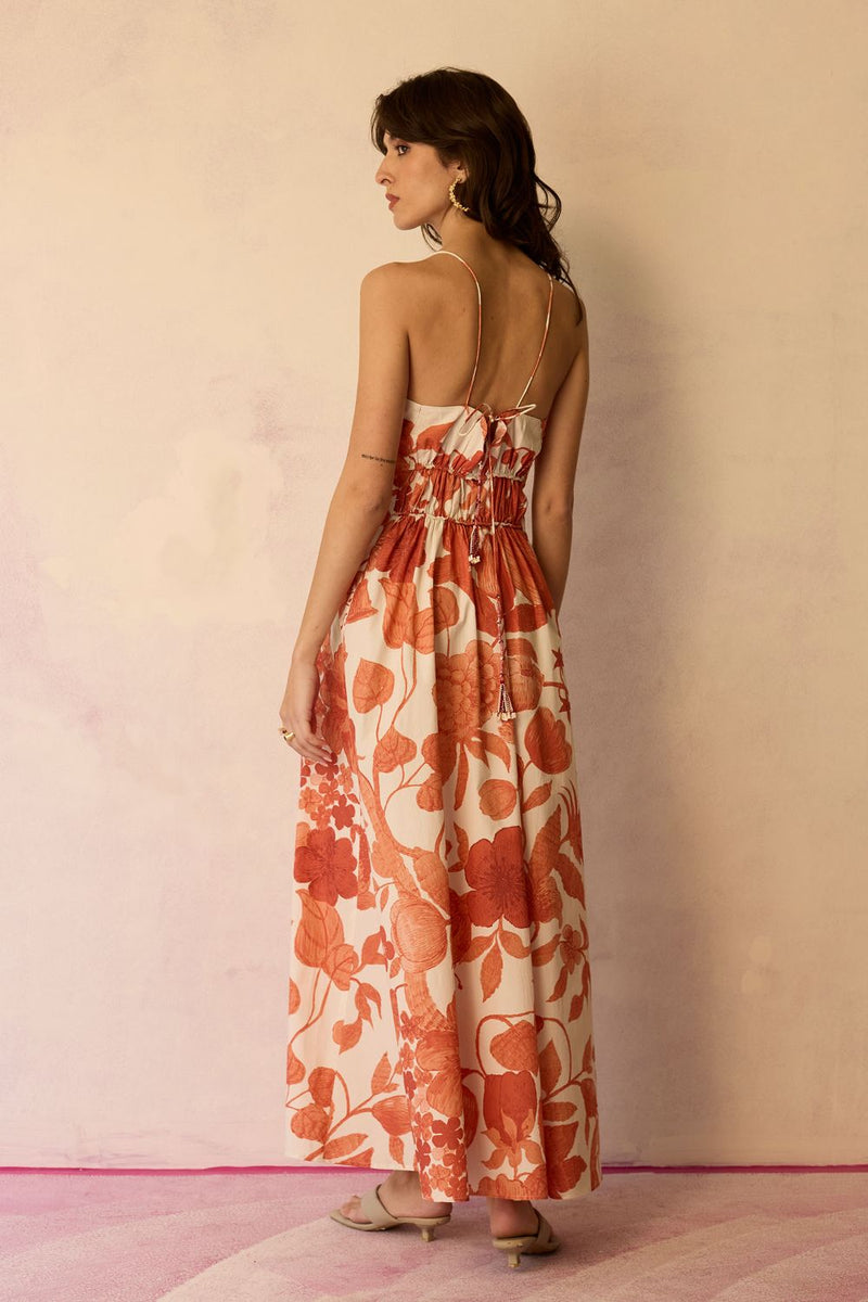 Hibiscus Anaar Smocked Bodice Maxi Dress - Coral cotton by World of SiSa for women in Singapore