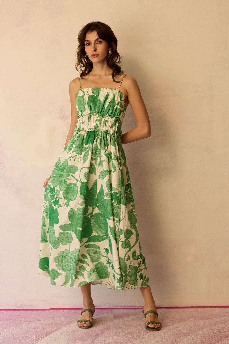 Hibiscus Anaar Smocked Bodice Maxi Dress - Fern cotton by World of SiSa for women in Singapore