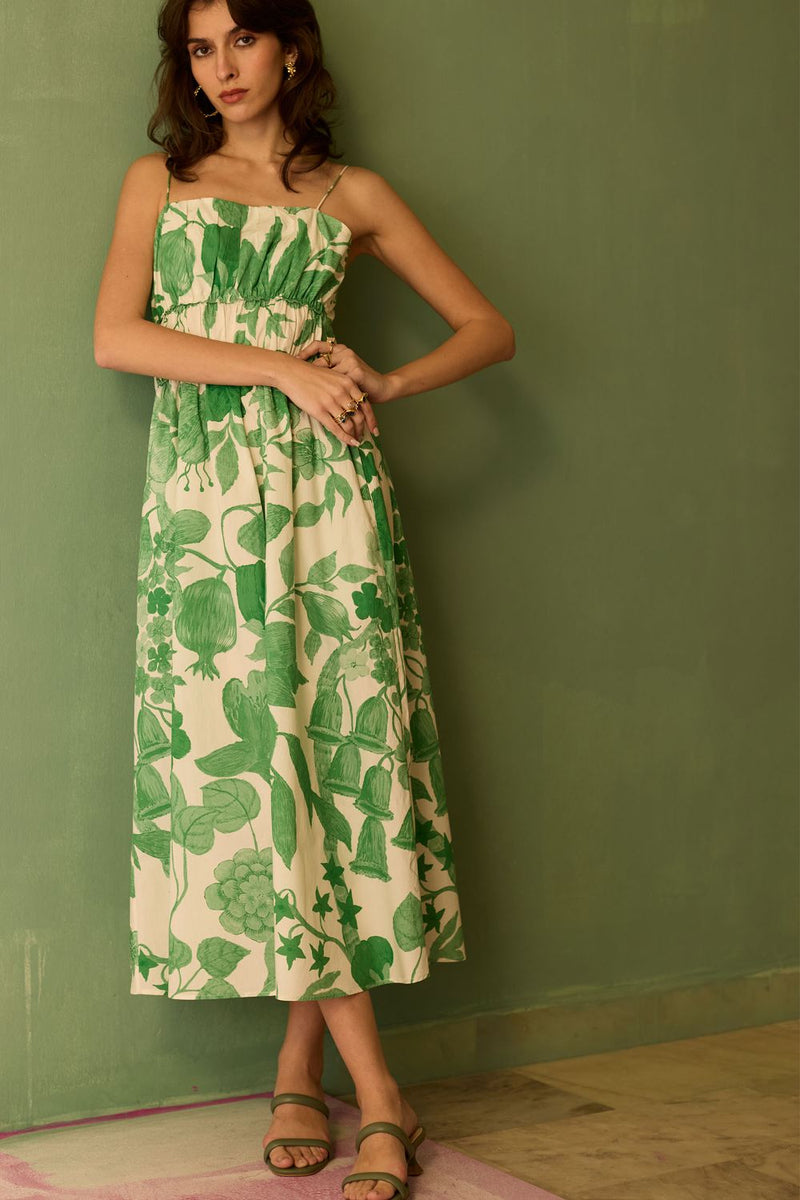 Hibiscus Anaar Smocked Bodice Maxi Dress - Fern cotton by World of SiSa for women in Singapore