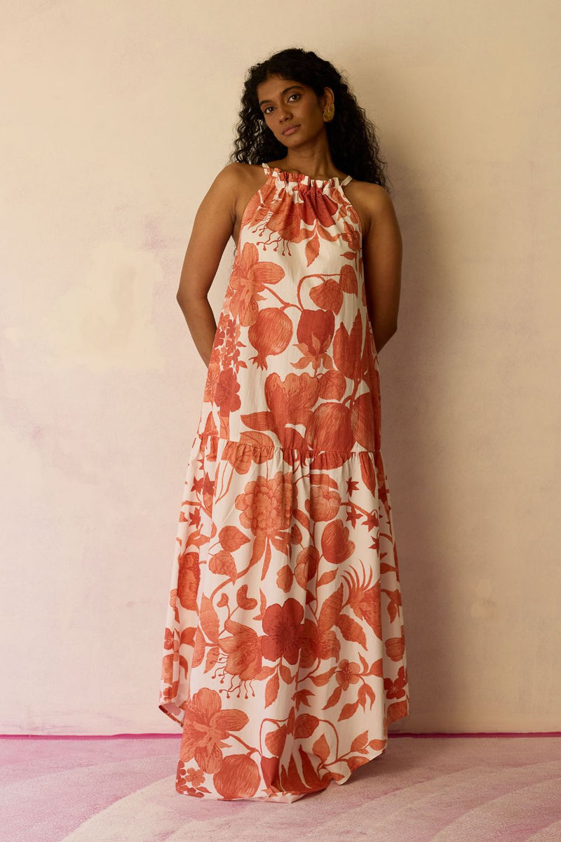 Hibiscus Anaar Gathered Sleeveless Maxi Dress - Coral cotton by World of SiSa for women in Singapore