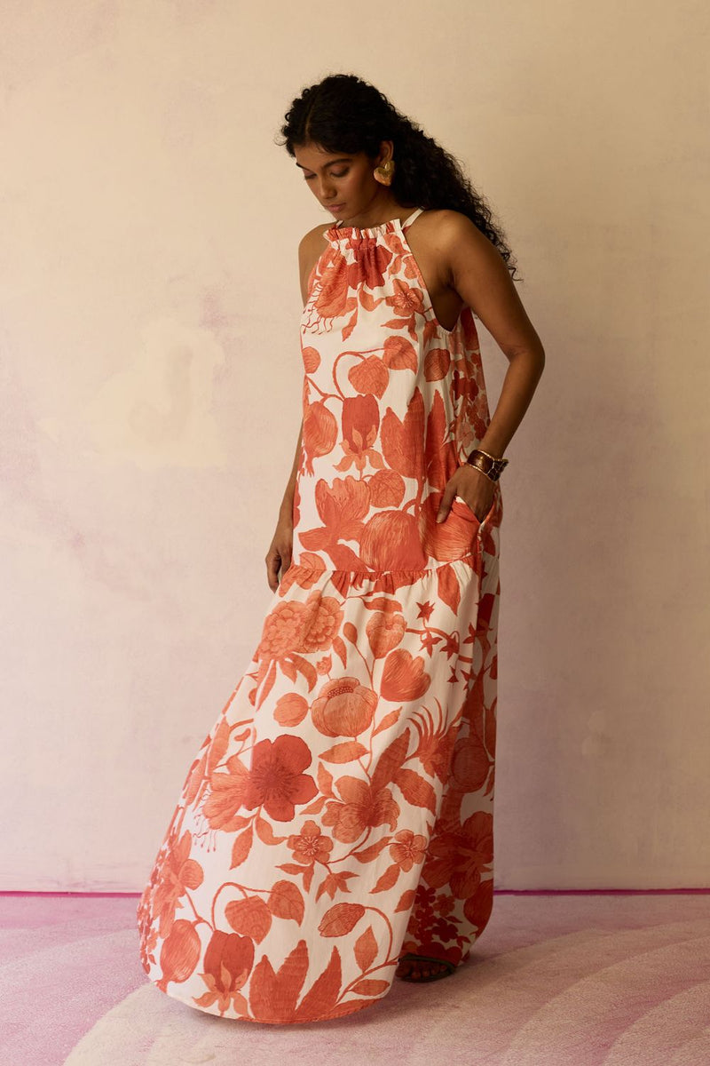 Hibiscus Anaar Gathered Sleeveless Maxi Dress - Coral cotton by World of SiSa for women in Singapore