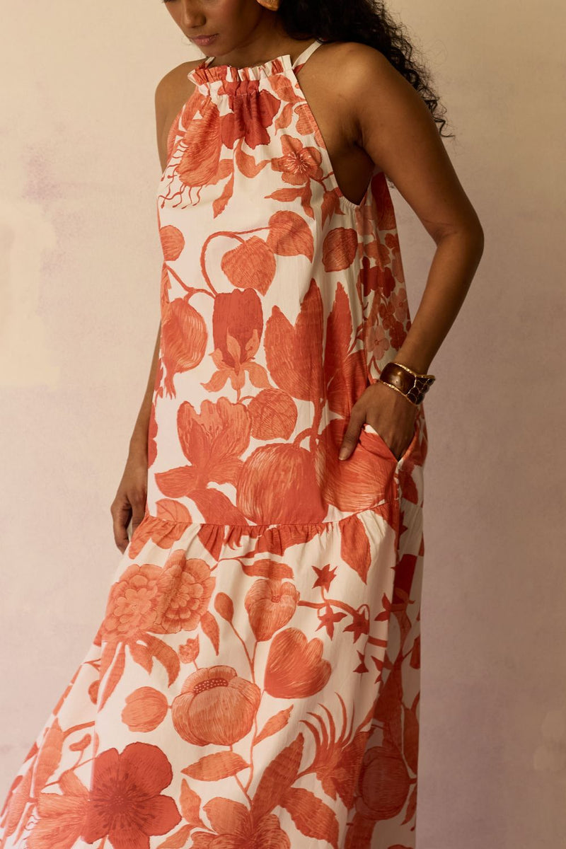 Hibiscus Anaar Gathered Sleeveless Maxi Dress - Coral cotton by World of SiSa for women in Singapore