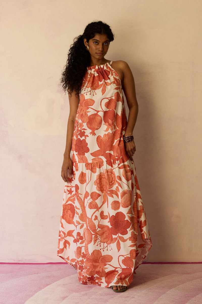 Hibiscus Anaar Gathered Sleeveless Maxi Dress - Coral cotton by World of SiSa for women in Singapore