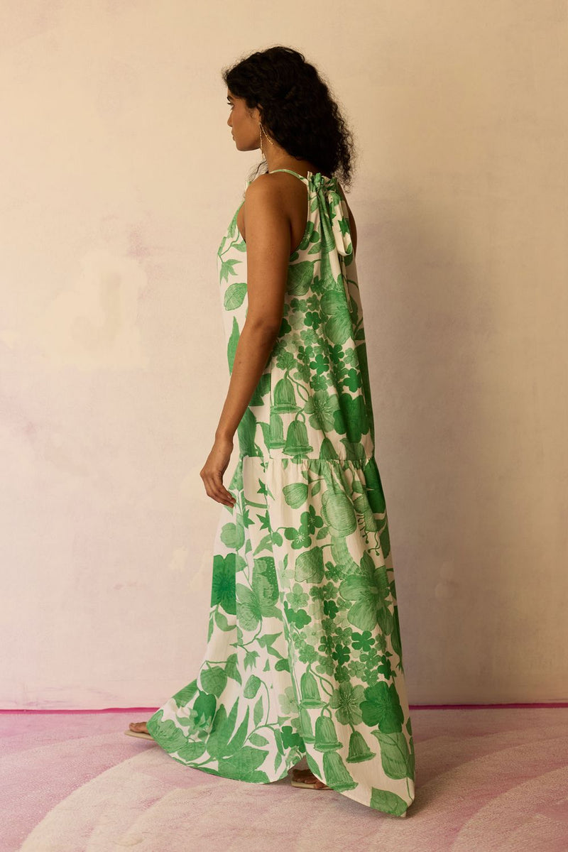 Hibiscus Anaar Gathered Sleeveless Maxi Dress - Fern cotton by World of SiSa for women in Singapore