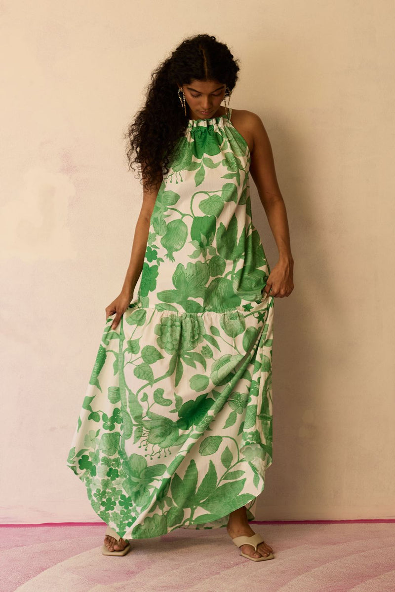 Hibiscus Anaar Gathered Sleeveless Maxi Dress - Fern cotton by World of SiSa for women in Singapore