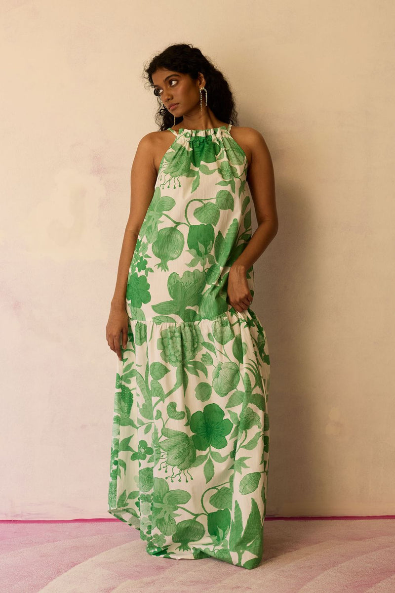 Hibiscus Anaar Gathered Sleeveless Maxi Dress - Fern cotton by World of SiSa for women in Singapore