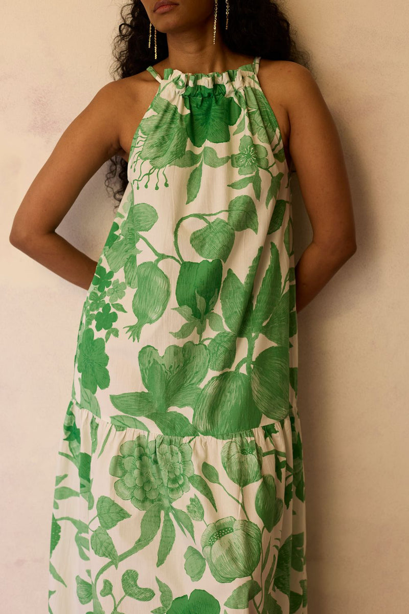 Hibiscus Anaar Gathered Sleeveless Maxi Dress - Fern cotton by World of SiSa for women in Singapore