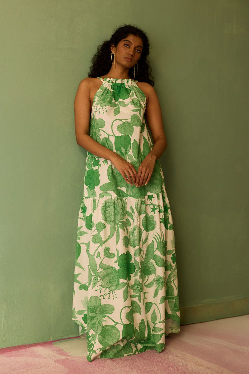Hibiscus Anaar Gathered Sleeveless Maxi Dress - Fern cotton by World of SiSa for women in Singapore