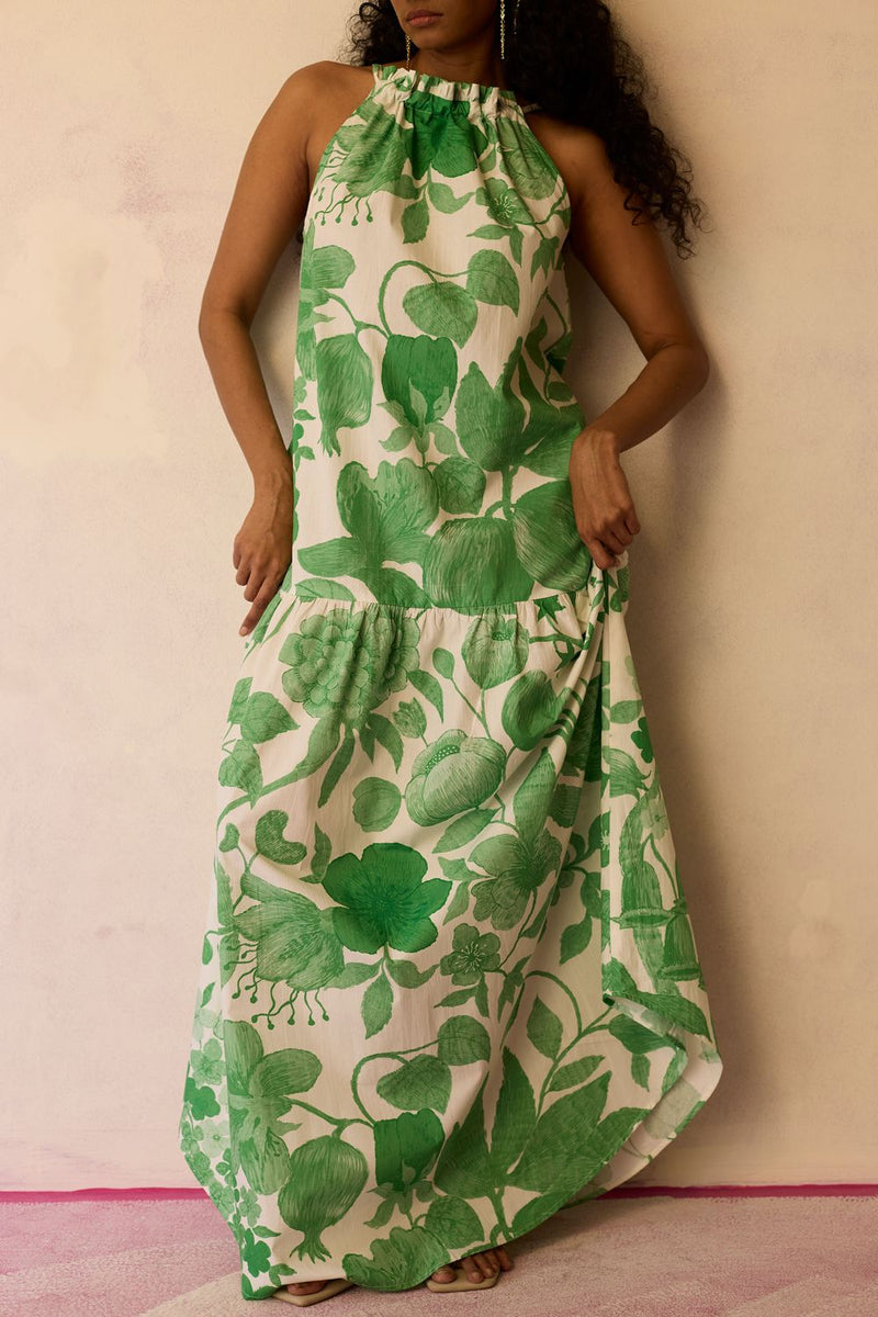 Hibiscus Anaar Gathered Sleeveless Maxi Dress - Fern cotton by World of SiSa for women in Singapore