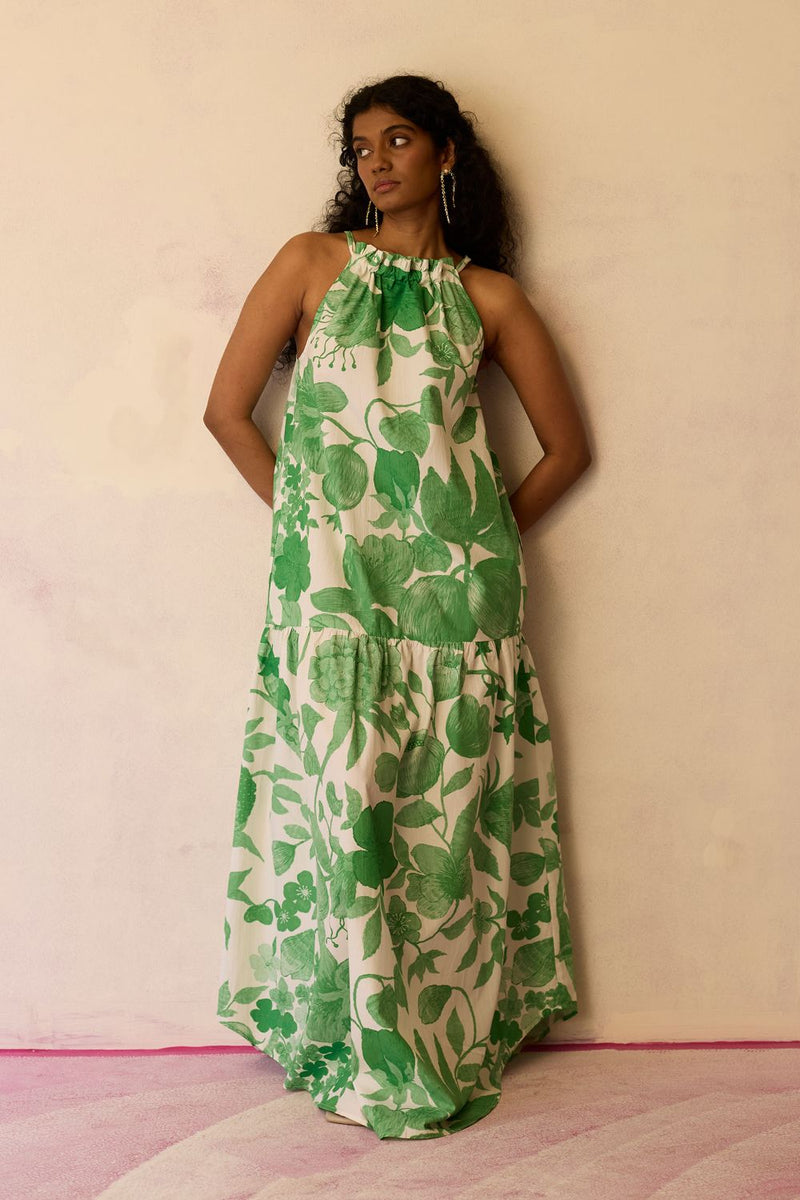 Hibiscus Anaar Gathered Sleeveless Maxi Dress - Fern cotton by World of SiSa for women in Singapore