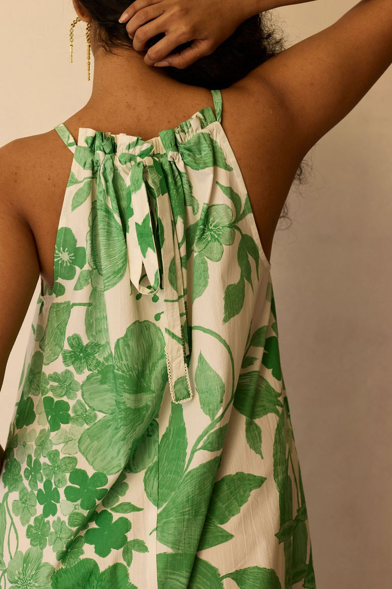 Hibiscus Anaar Gathered Sleeveless Maxi Dress - Fern cotton by World of SiSa for women in Singapore