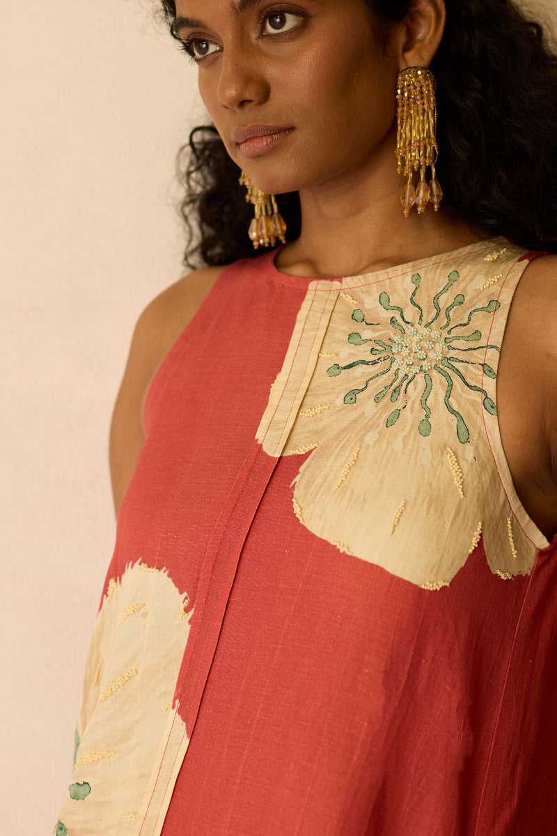 Hibiscus Anaar Embroidered Yoke Mini Dress - Coral cotton by World of SiSa for women in Singapore