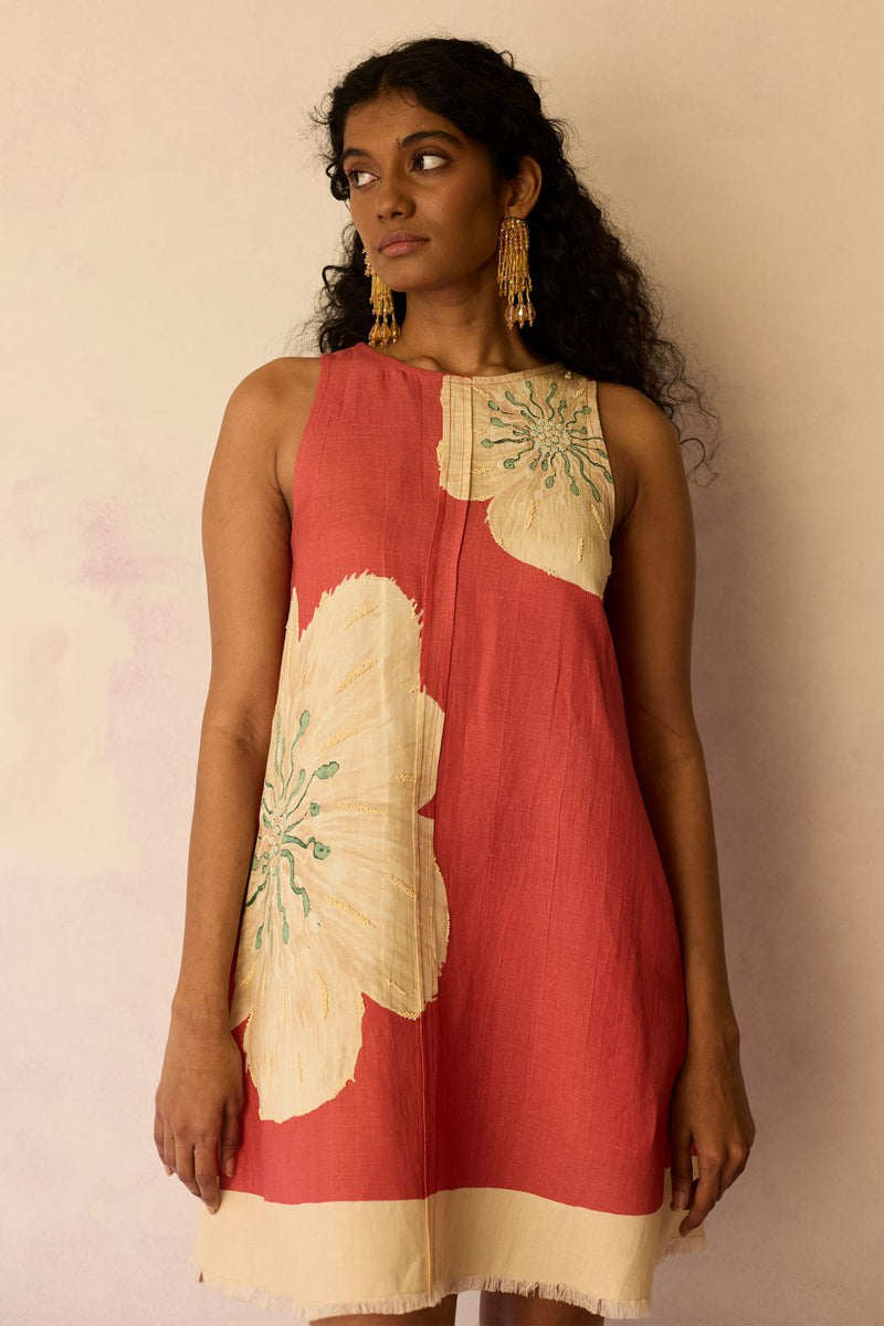 Hibiscus Anaar Embroidered Yoke Mini Dress - Coral cotton by World of SiSa for women in Singapore