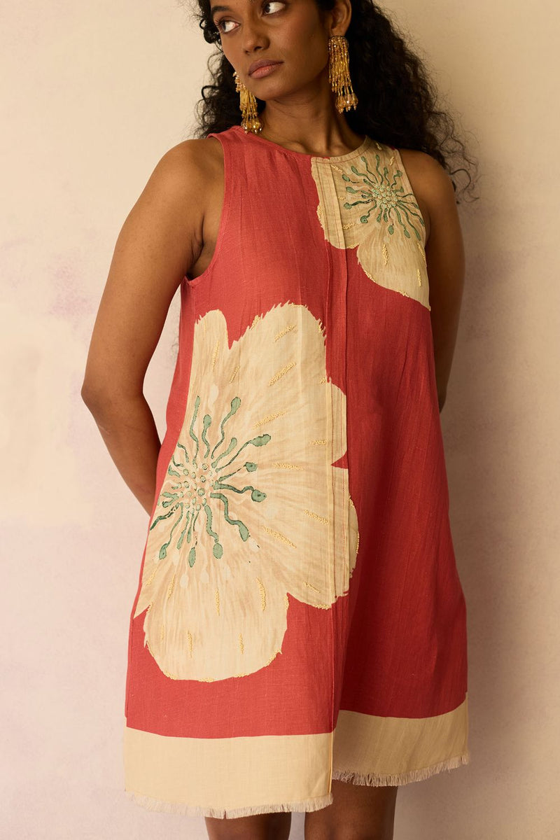 Hibiscus Anaar Embroidered Yoke Mini Dress - Coral cotton by World of SiSa for women in Singapore