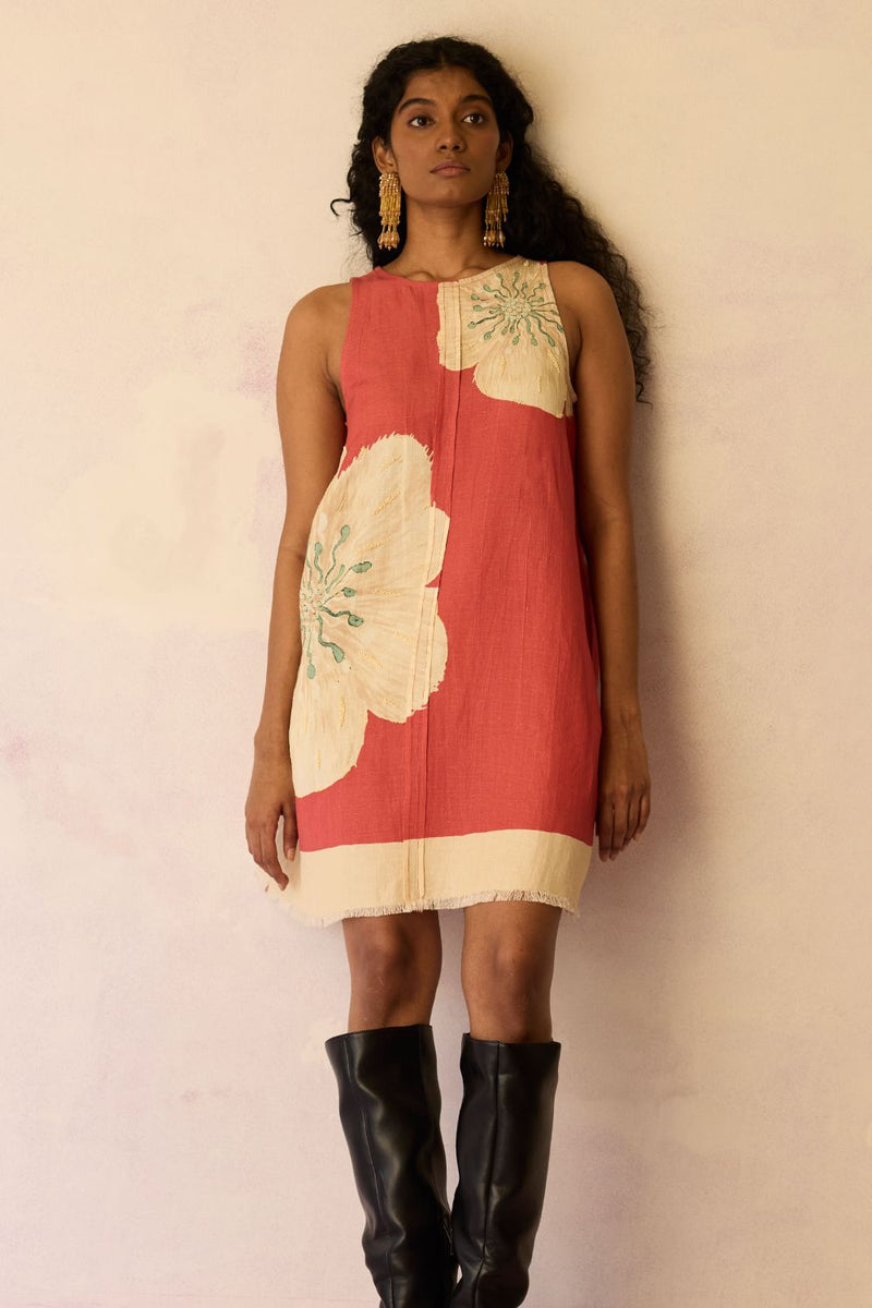 Hibiscus Anaar Embroidered Yoke Mini Dress - Coral cotton by World of SiSa for women in Singapore