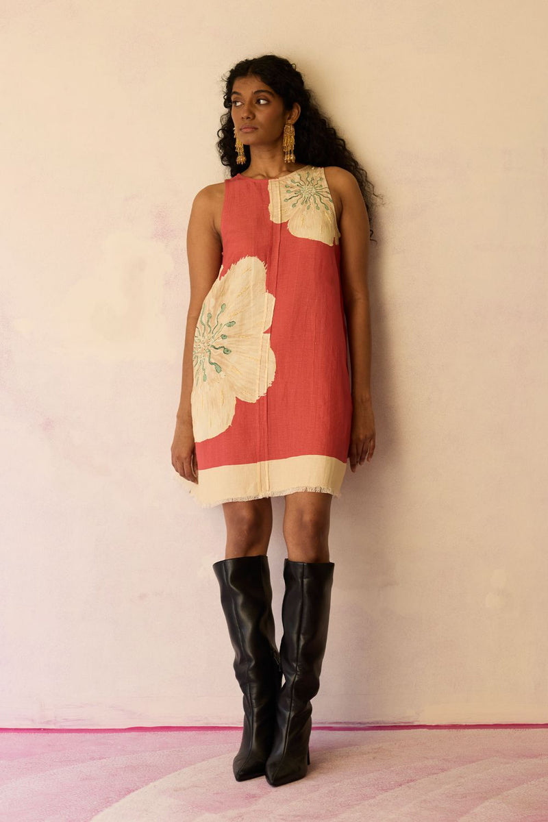 Hibiscus Anaar Embroidered Yoke Mini Dress - Coral cotton by World of SiSa for women in Singapore