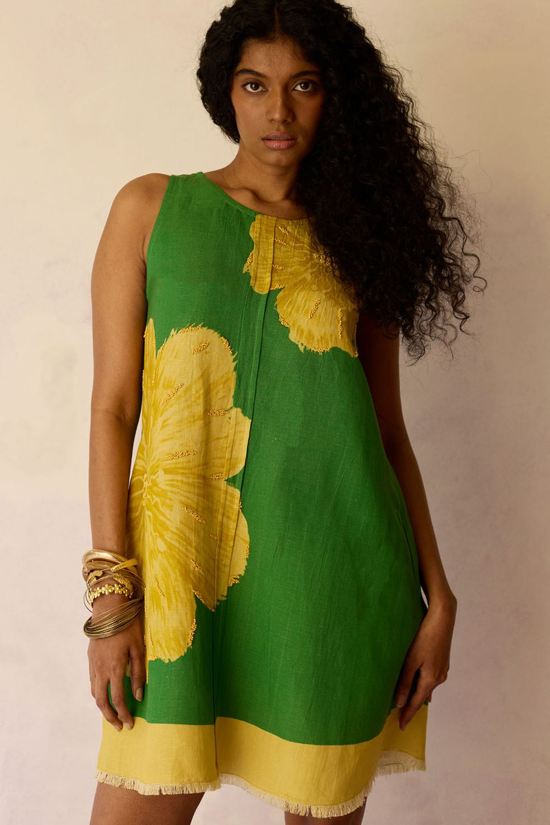 Hibiscus Anaar Embroidered Yoke Mini Dress - Fern by World of SiSa for women in Singapore
