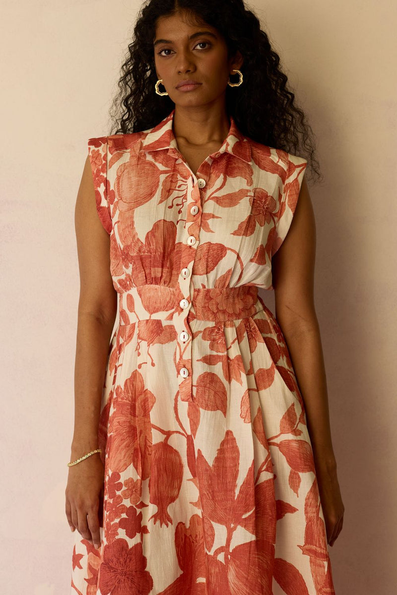 Hibiscus Anaar Sleeveless Shirt Midi Dress - Coral by World of SiSa for women in Singapore