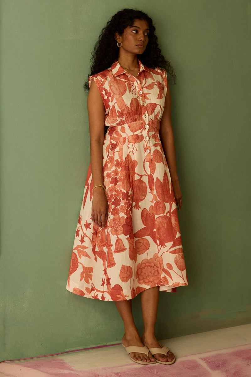Hibiscus Anaar Sleeveless Shirt Midi Dress - Coral by World of SiSa for women in Singapore