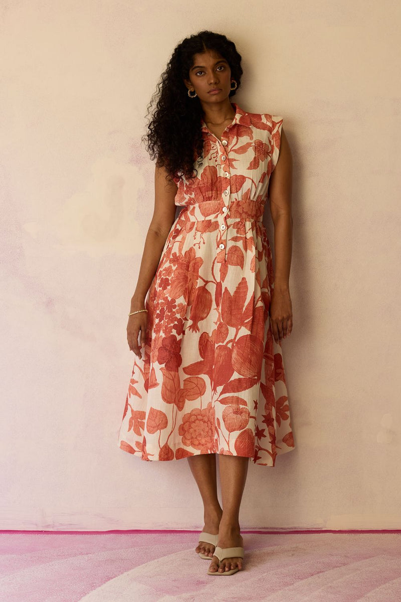 Hibiscus Anaar Sleeveless Shirt Midi Dress - Coral by World of SiSa for women in Singapore