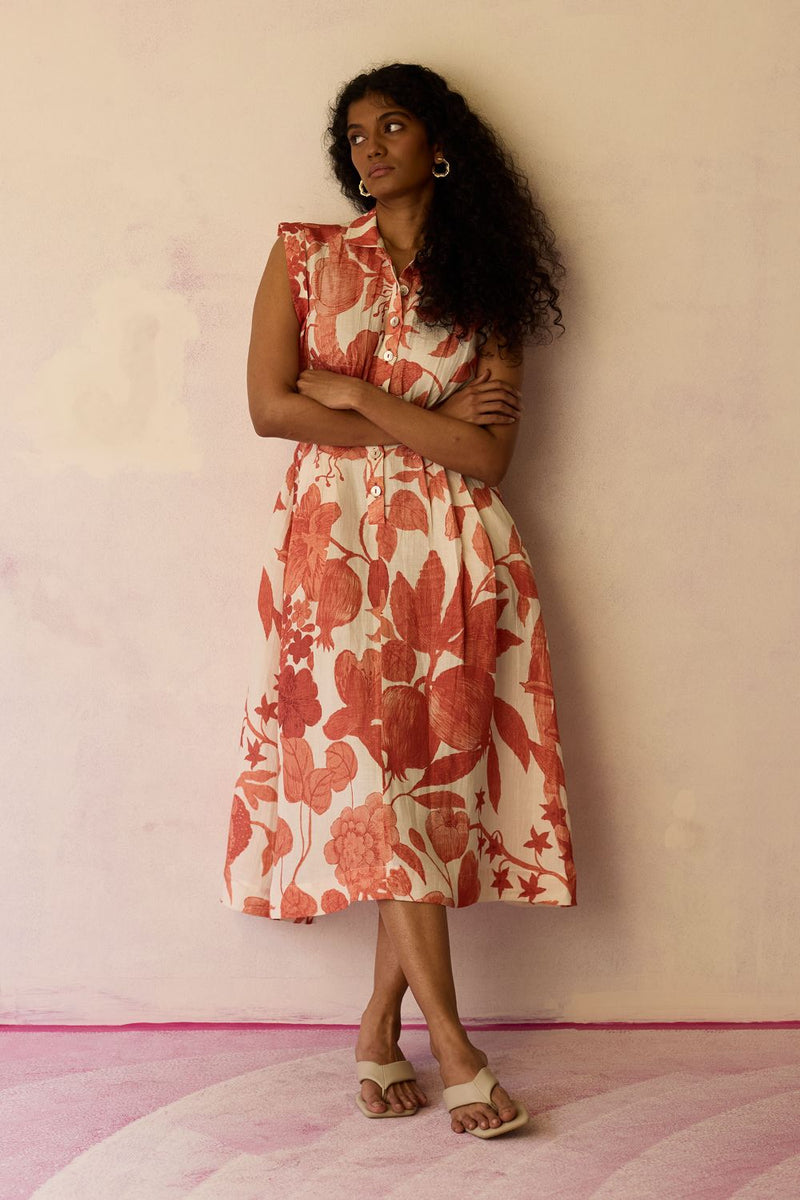 Hibiscus Anaar Sleeveless Shirt Midi Dress - Coral by World of SiSa for women in Singapore