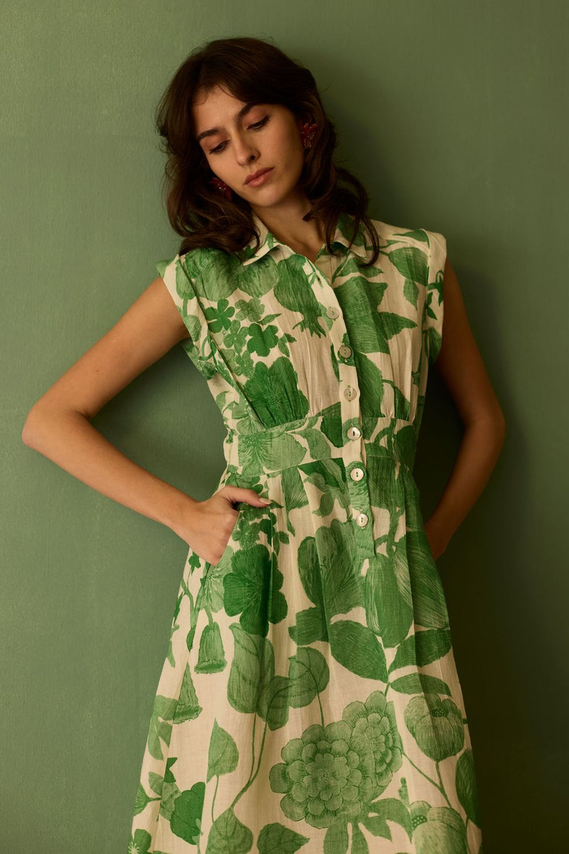 Hibiscus Anaar Sleeveless Shirt Midi Dress - Fern by World of SiSa for women in Singapore