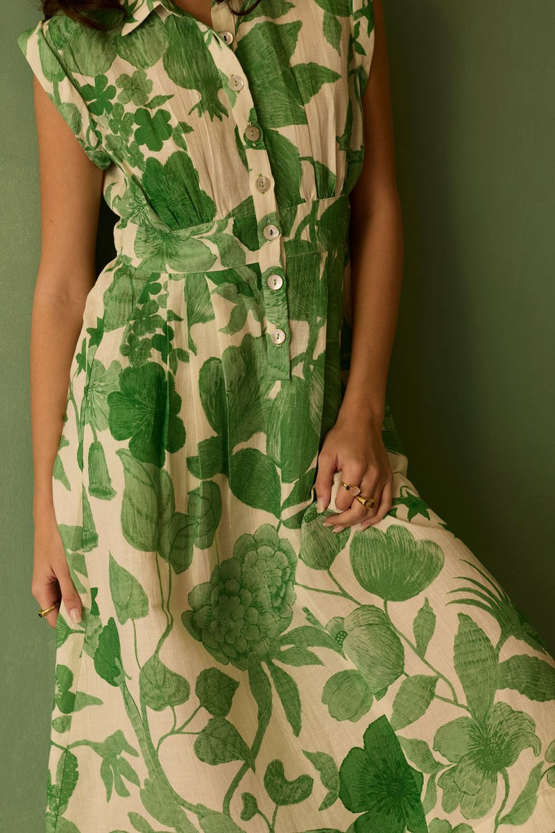 Hibiscus Anaar Sleeveless Shirt Midi Dress - Fern by World of SiSa for women in Singapore