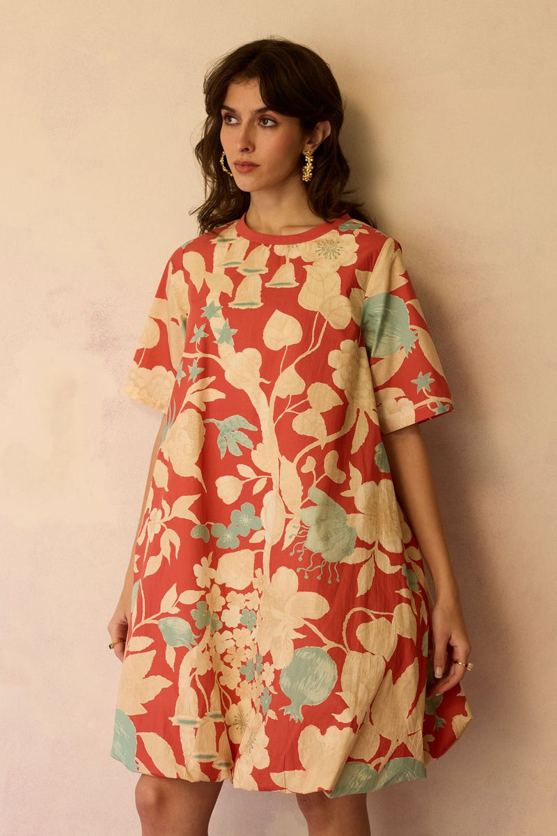 Hibiscus Anaar Bubble Mini Dress - Coral cotton by World of SiSa for women in Singapore