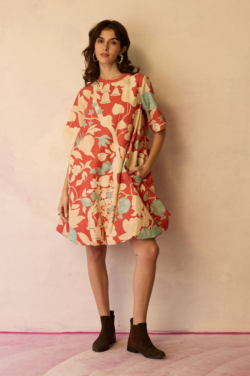 Hibiscus Anaar Bubble Mini Dress - Coral cotton by World of SiSa for women in Singapore
