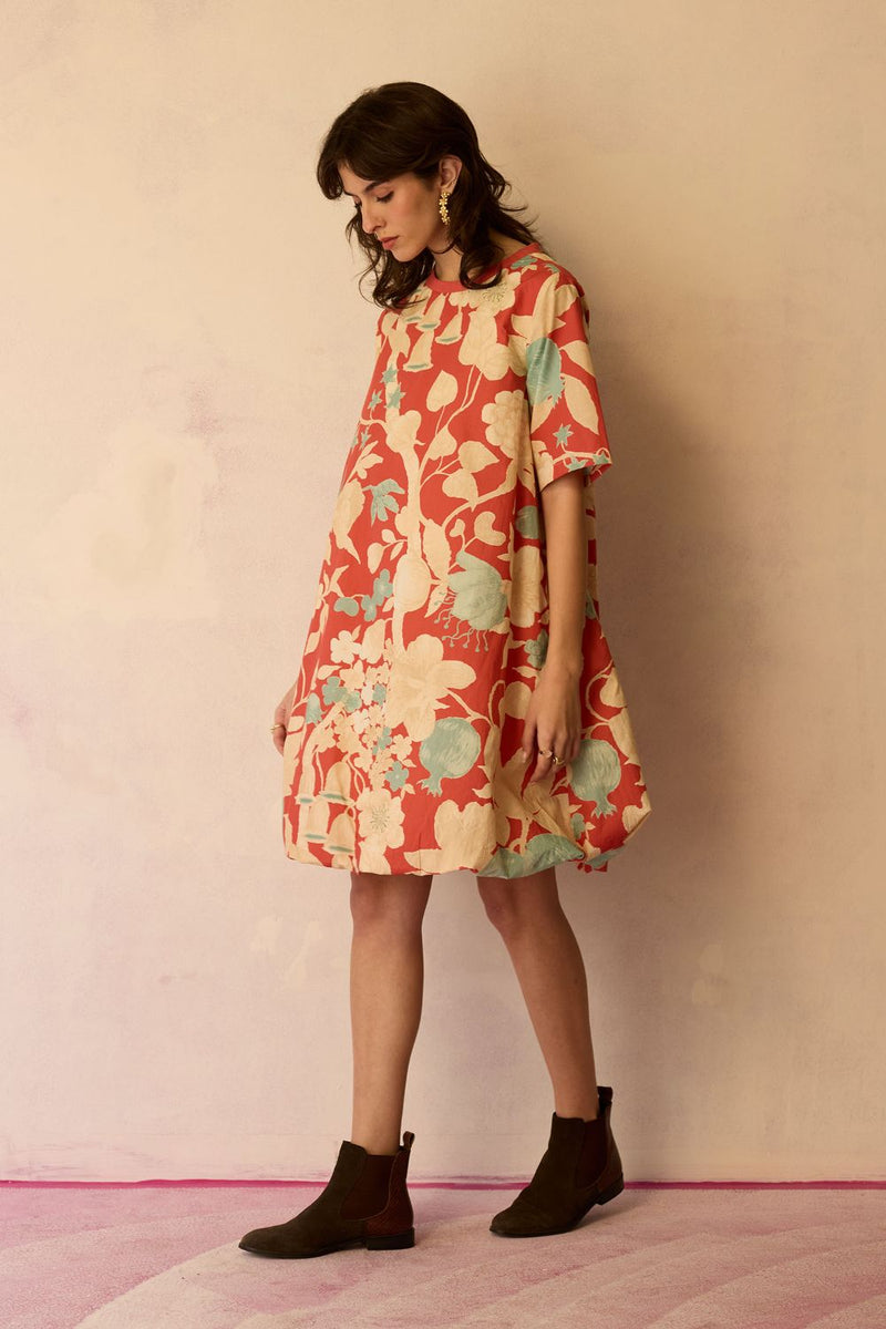 Hibiscus Anaar Bubble Mini Dress - Coral cotton by World of SiSa for women in Singapore